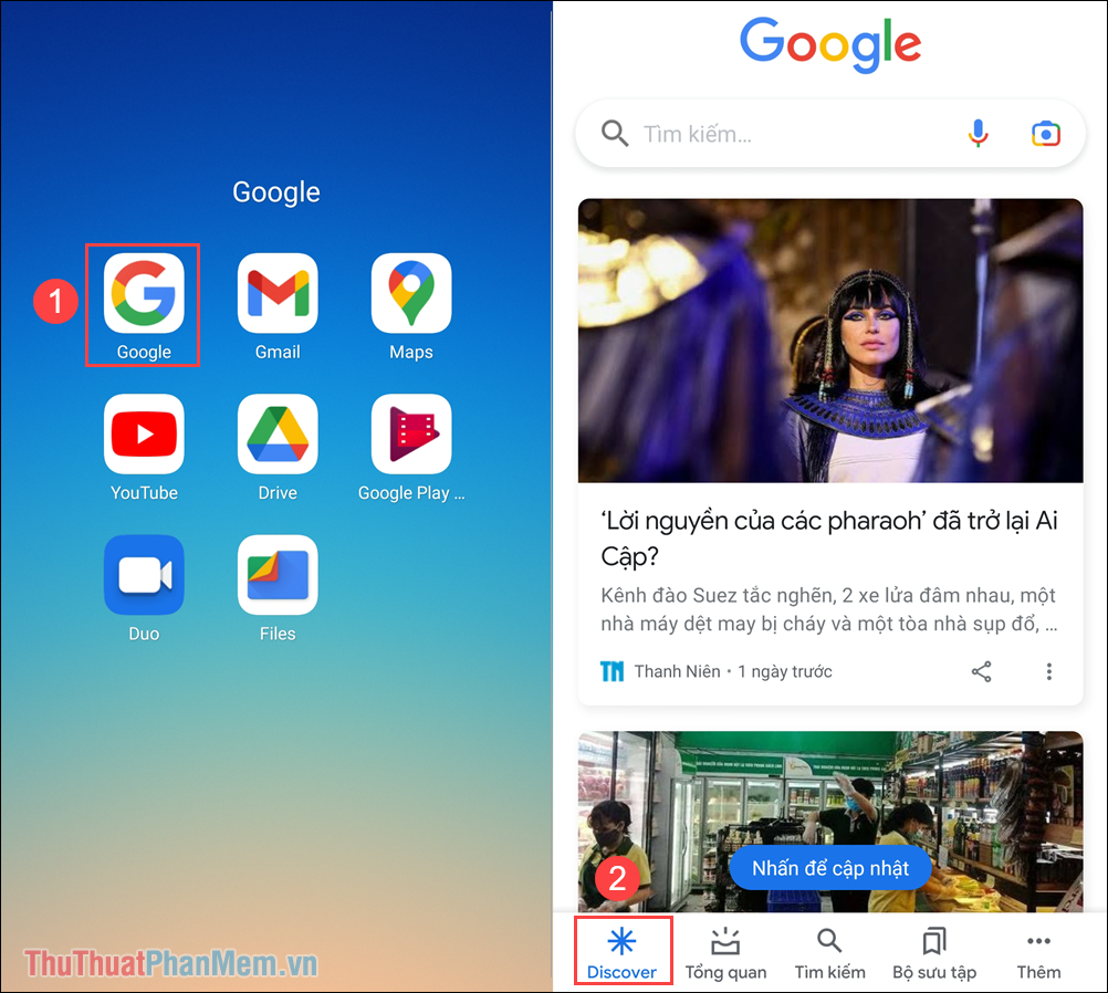 Mở ứng dụng Google trên điện thoại của bạn và chọn Khám phá