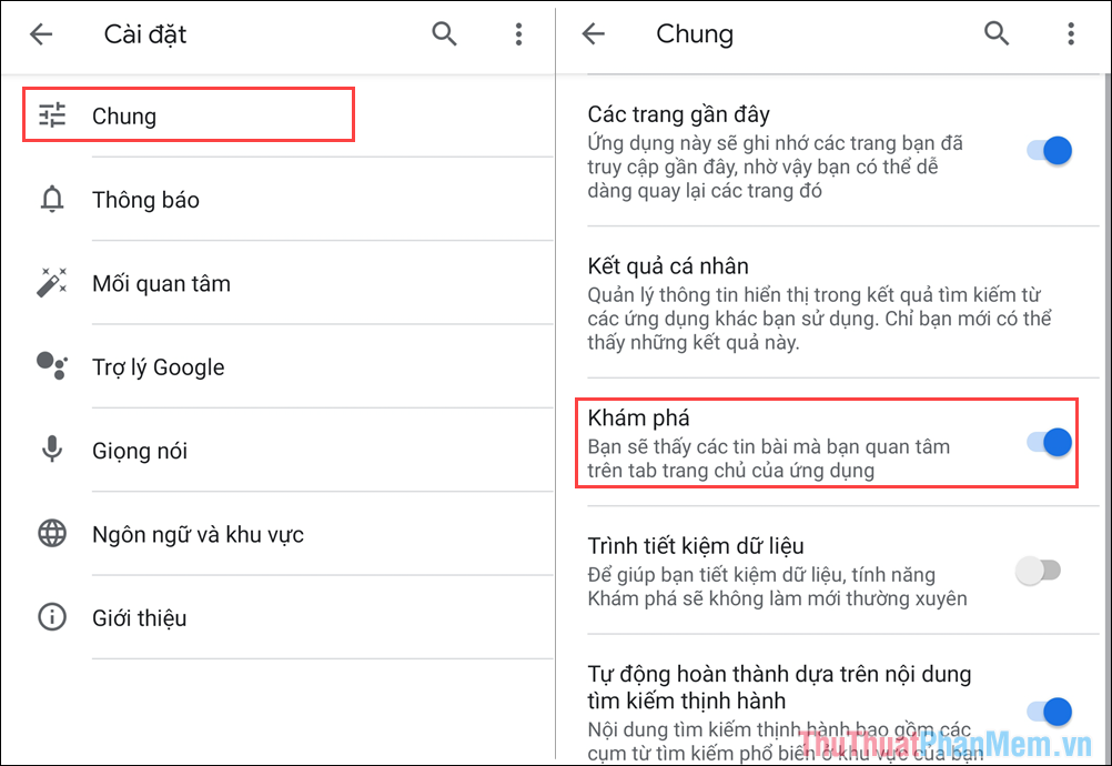 Tìm Chung và tắt Khám phá