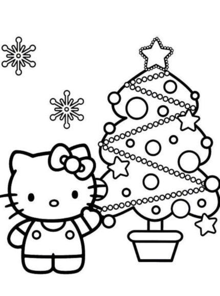 Tranh tô màu Hello Kitty và cây thông Noel