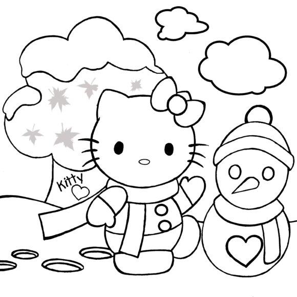 Tranh tô màu Hello Kitty và người tuyết ngộ nghĩnh
