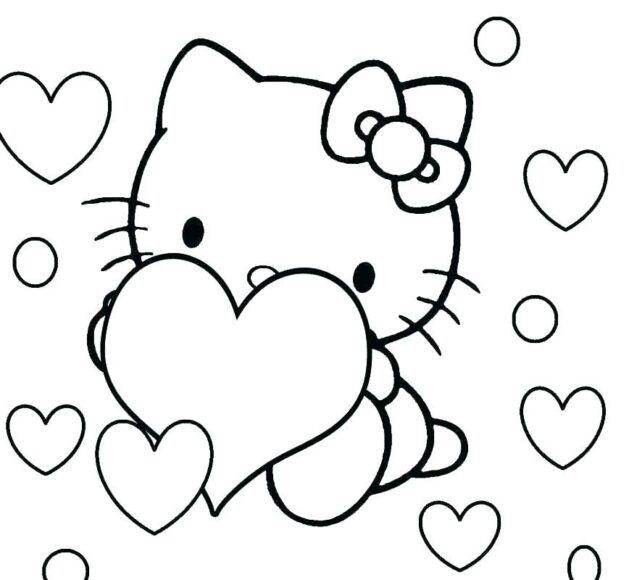Tranh tô màu Hello Kitty và trái tim