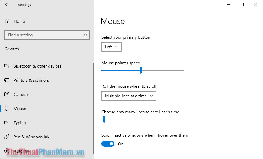 Chọn tab Mouse và thay đổi tốc độ chuột ở mục Mouse Pointer Speed