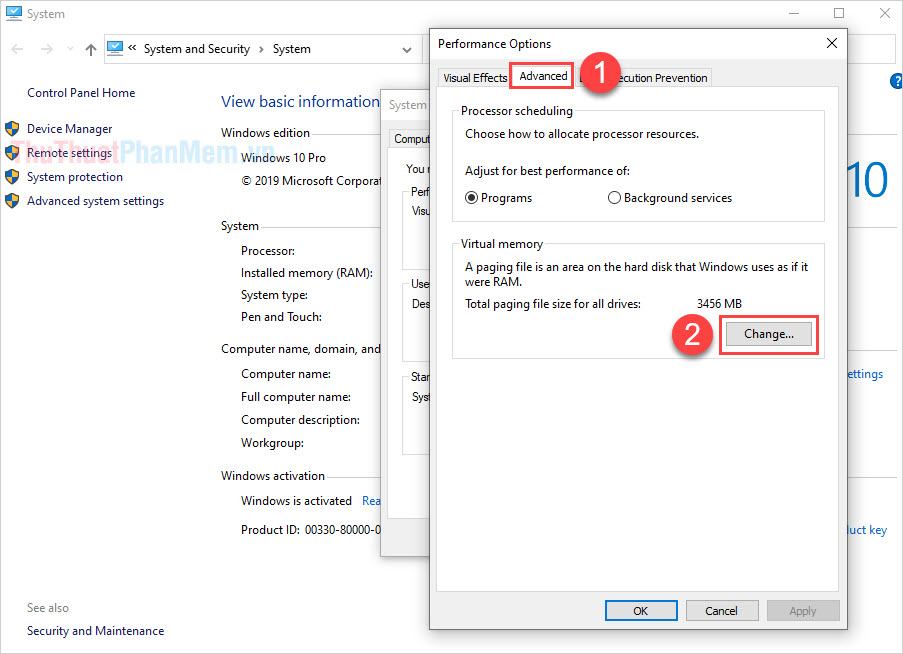 Chọn phần Thay đổi bộ nhớ ảo
