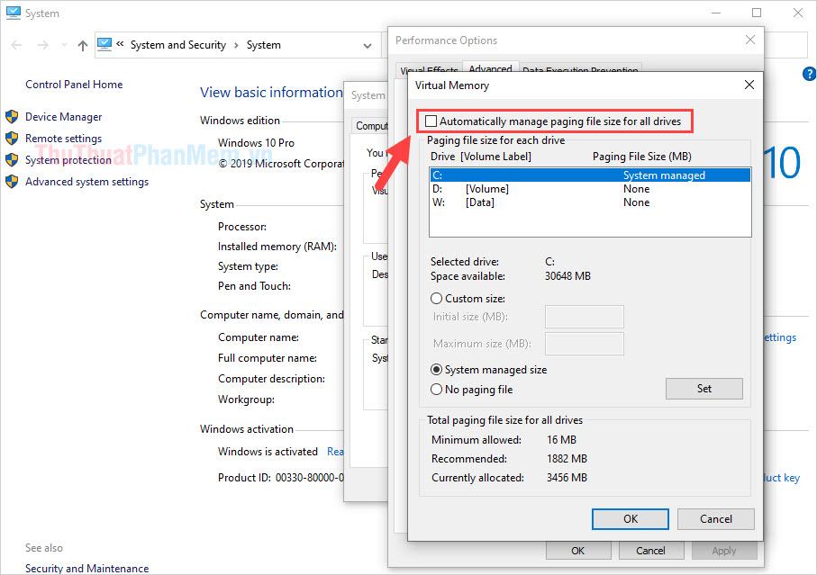 Bỏ chọn Tự động quản lý kích thước tệp hoán trang cho tất cả các ổ đĩa