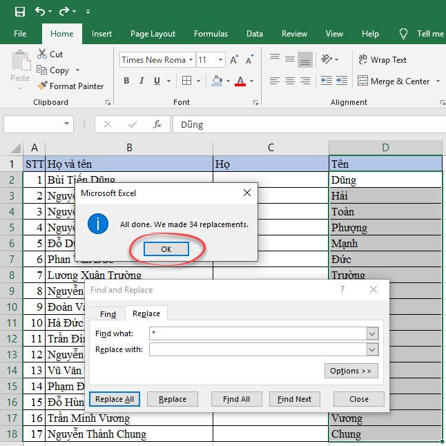 Bấm Replace All để bắt đầu bỏ Họ và Tên đệm đi và để lại Tên