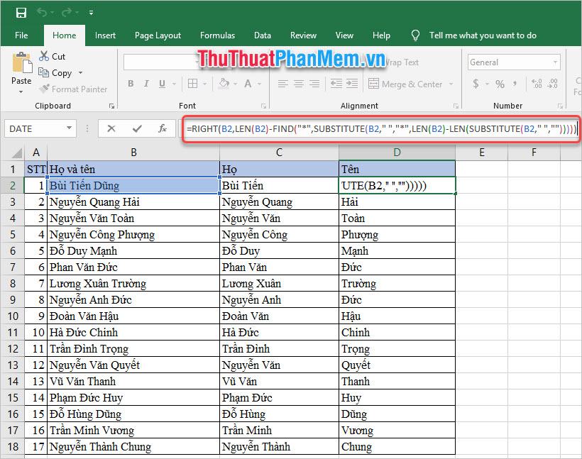 Tách tên trong Excel bằng cách kết hợp các loại chức năng