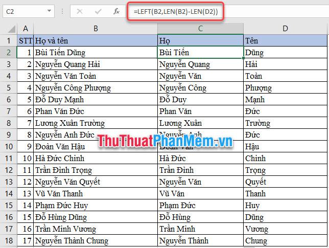 Tách họ trong Excel