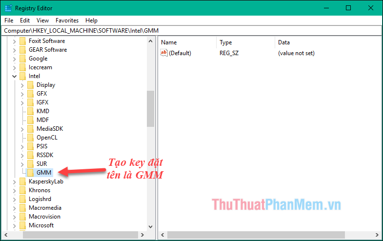 Click chuột phải vào Intel, chọn New - Key và đặt tên cho key là GMM
