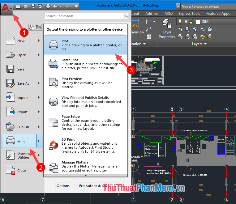 Chọn biểu tượng AutoCad ở góc màn hình, chọn Print - Plot