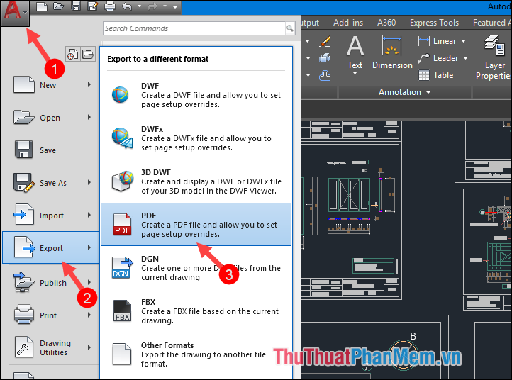 Chọn biểu tượng AutoCad ở góc trên cùng màn hình rồi chọn Xuất - PDF