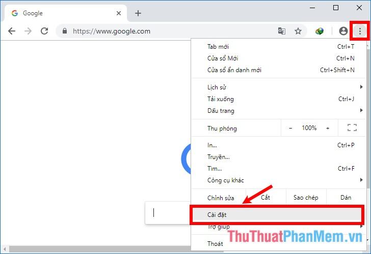 Chọn biểu tượng 3 chấm dọc của Tùy chỉnh và điều khiển Google Chrome - Cài đặt