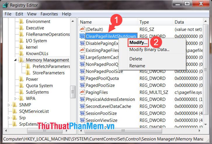 Nhấp chuột phải vào ClearPageFileAtShutDown và chọn Sửa đổi