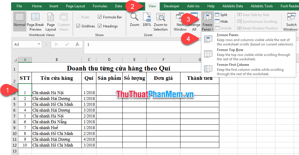 Chọn mục Freeze Panes