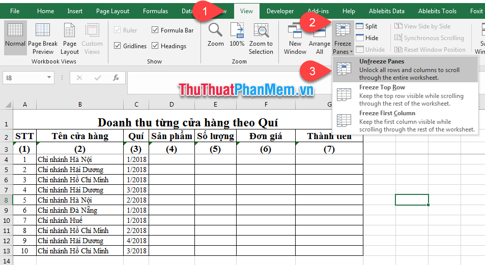 Chọn mục Unfreeze Panes