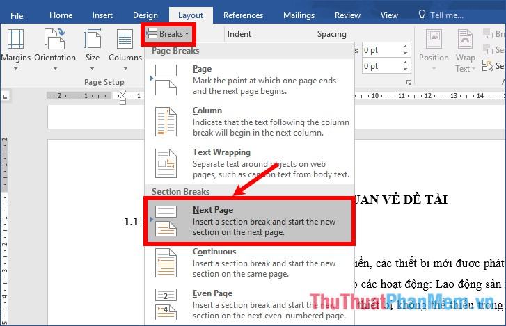 Chọn tab Bố cục -Breaks -Trang tiếp theo