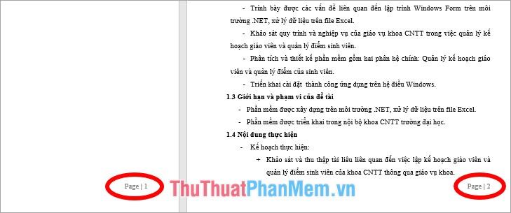 Đánh số trang theo vị trí và kiểu đánh số đã chọn