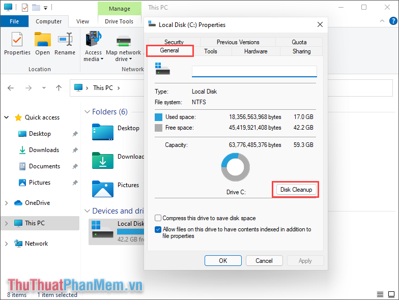 Chọn mục Disk Cleanup để bắt đầu quét dữ liệu và làm sạch dữ liệu