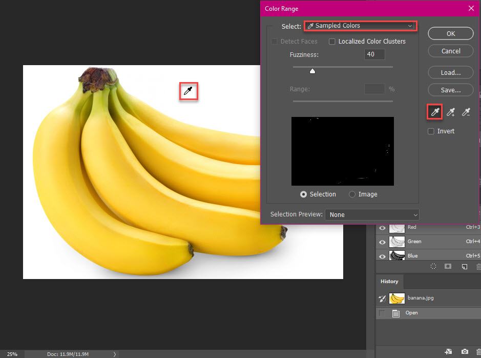 Trong cửa sổ Color range, chọn Sampled Color, dùng công cụ Eyedrop tool
