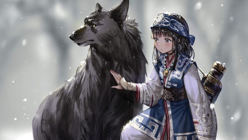 Hình ảnh anime cô gái mùa đông và sói tuyết