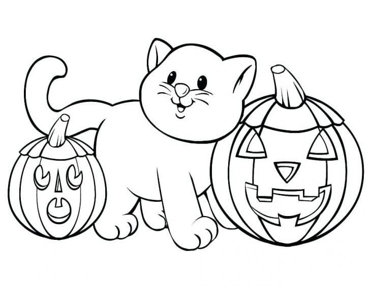 Tranh tô màu con mèo Halloween và hai quả bí ngô