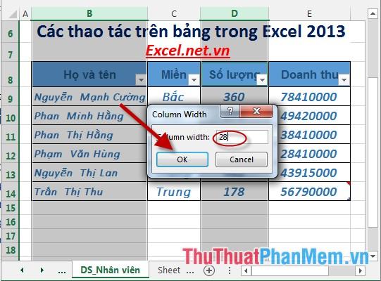 Nhập kích thước cột cần thay đổi