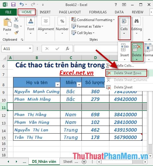 Chọn hàng để xóa - Trang chủ - Ô - Xóa - Xóa hàng trang tính