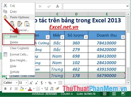 Các thao tác nhanh trên bảng như Insert, Delete