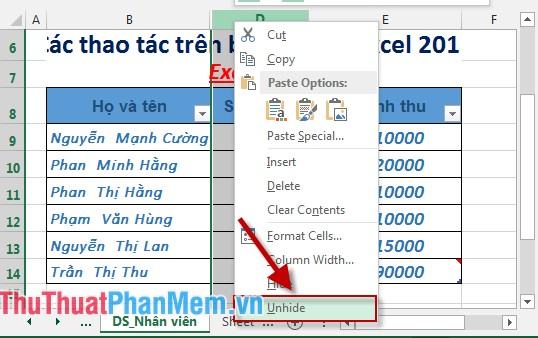 Hiện lại cột bị ẩn, chọn Bỏ ẩn