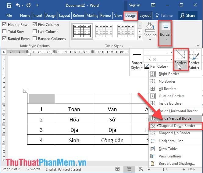 Đường viền chéo: Chọn tab Design - Boders - Borders - Diagonal Down Border