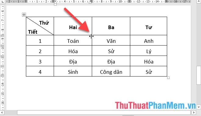 Thực hiện thao tác tương tự với cột