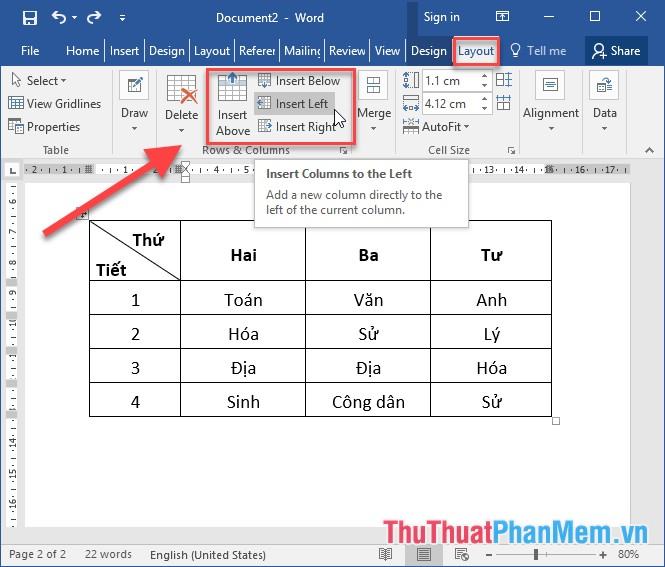 Còn để chèn thêm hàng và cột thì chọn Layout