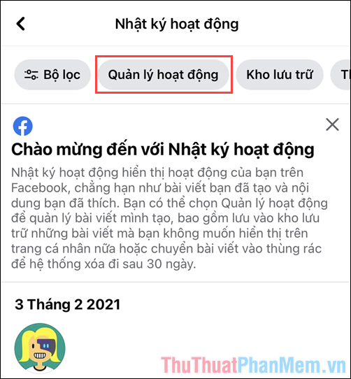 Chọn tab Quản lý hoạt động phía trên thanh tùy chọn