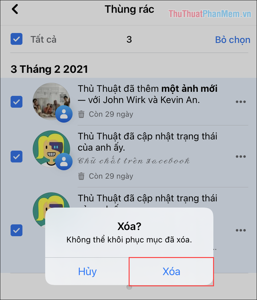 Chọn Xóa để xác nhận xóa bài vào thùng rác