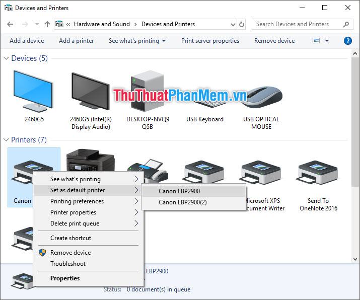 Chọn Đặt làm máy in mặc định rồi chọn tên phần mềm trình điều khiển máy in