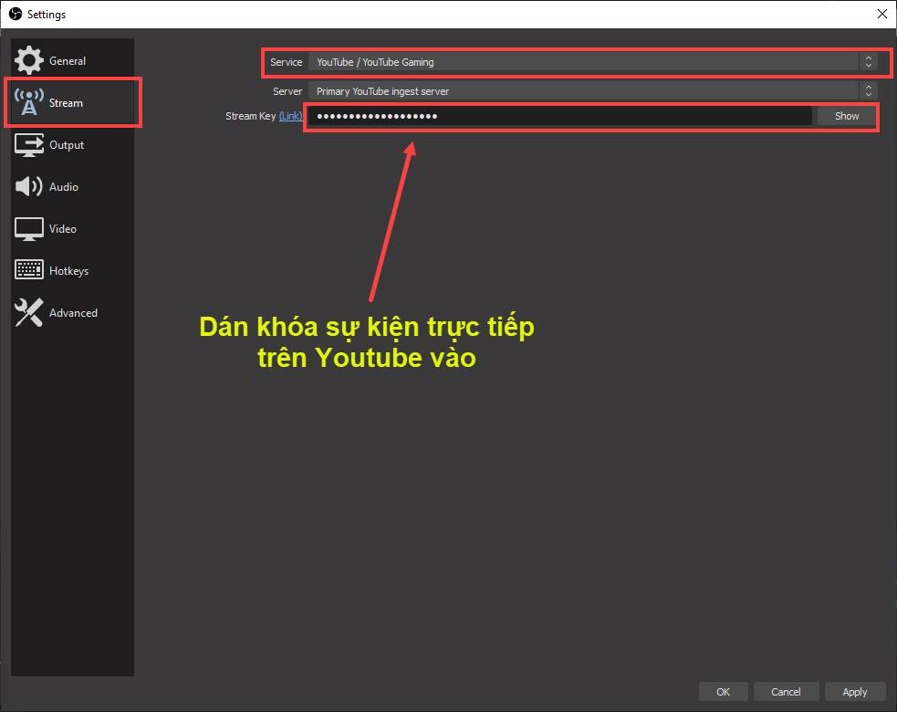 Các bạn tiến hành chọn mục Stream và đặt Service là Youtube Youtube Gaming