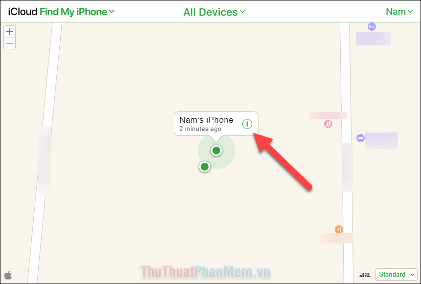 Xác định vị trí iPhone của bạn trên bản đồ, sau đó nhấn vào biểu tượng i bên cạnh