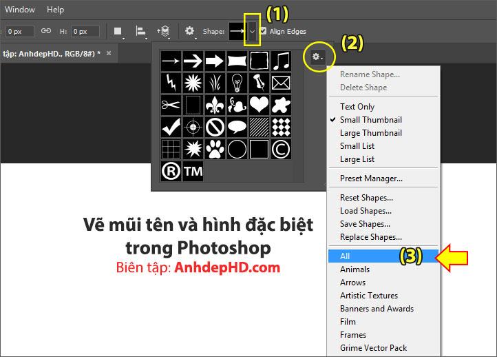 Cách mở tất cả mũi tên và hình đặc biệt trong photoshop