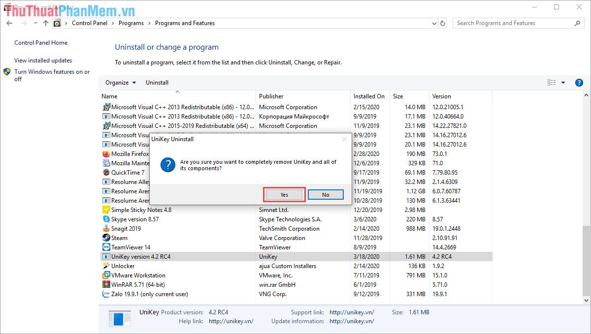 Chọn Yes để xác nhận gỡ bỏ ứng dụng