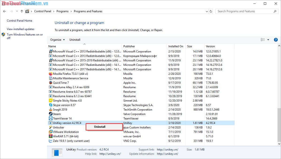 Tìm đến Unikey rồi click chuột phải chọn Uninstall