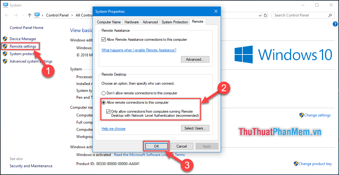 Chọn Remote Settings - Tích vào ô Allow remote Connection to this Computer