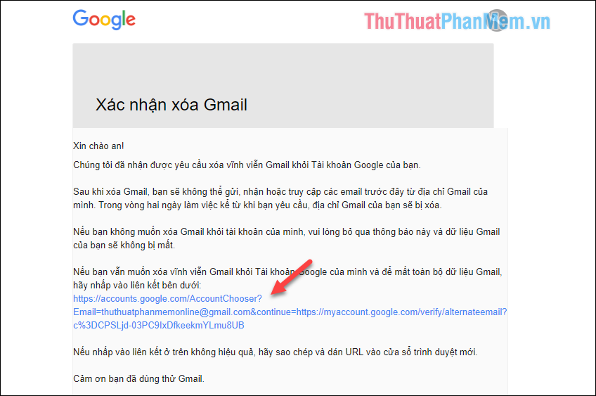 Mở email xác minh được gửi bởi google và nhấp vào liên kết đính kèm