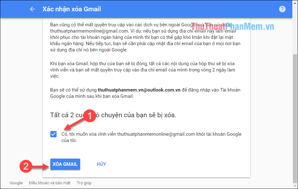 Tích chọn đồng ý xóa tài khoản Gmail rồi nhấn nút Xóa Gmail