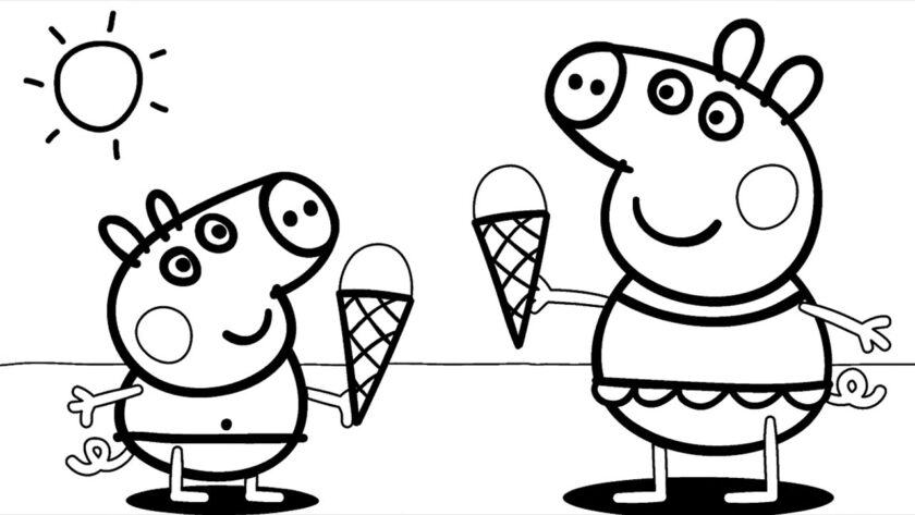 Tô màu Peppa Pig và mẹ đang ăn kem dưới ánh mặt trời