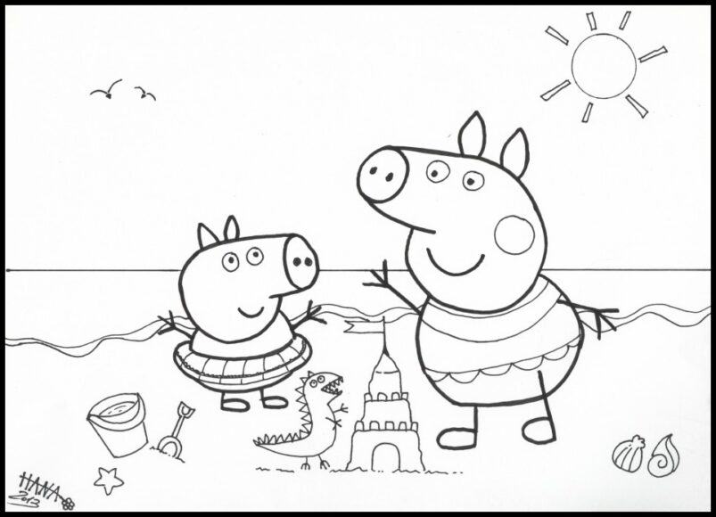 Trang màu Peppa Pig chơi trên bãi biển
