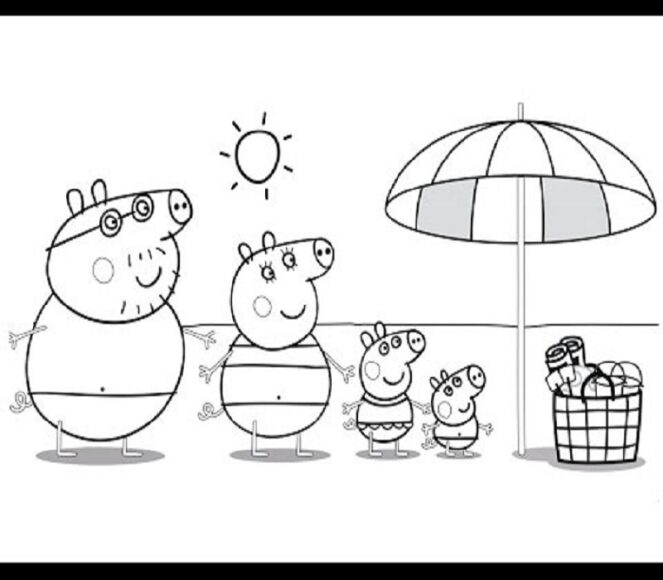 Tranh tô màu Peppa Pig cùng gia đình trên bãi biển