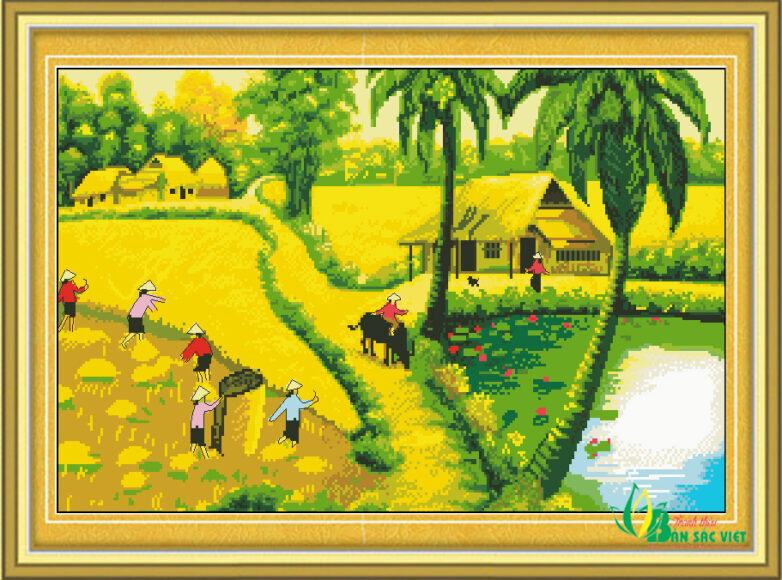 Tranh thêu chữ thập phong cảnh làng quê Việt Nam