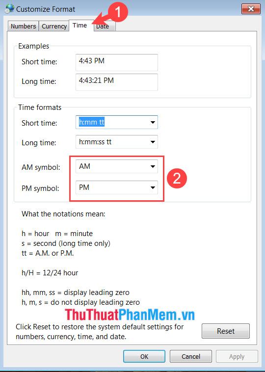 Chuyển sang phần Time và thay đổi ký tự AM và PM theo ý muốn