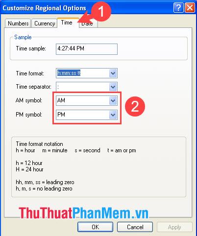 Bạn chọn mục Thời gian và đổi tên mới cho các chữ AM, PM