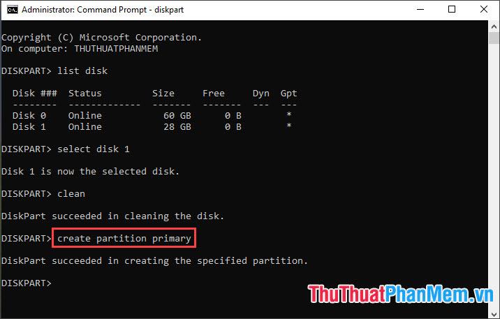 Nhập lệnh để tạo phân vùng chính