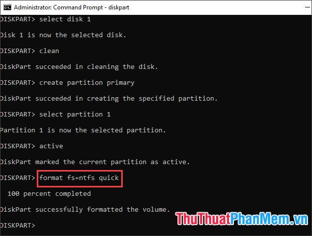 Nhập định dạng lệnh fs=ntfs quick